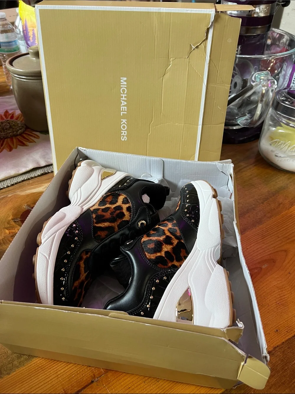 Michael Kors Katrina Wedge Mixed Media Black & Leopard Print Platform Sneaker 6